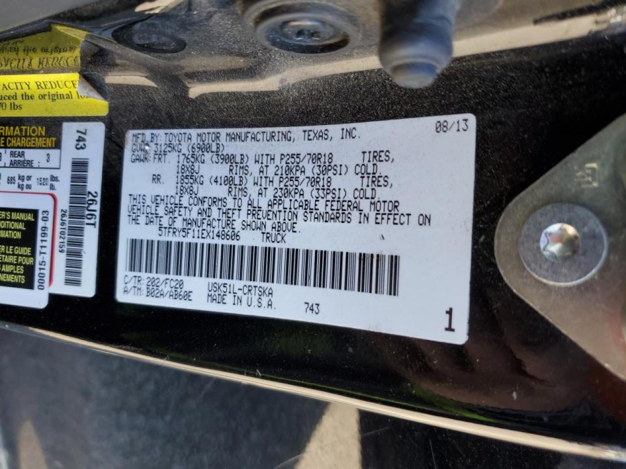 2014 Toyota Tundra VIN 5TFRY5F11EX148606 Copart auction photo, front end / rear end damage thumbnail 14