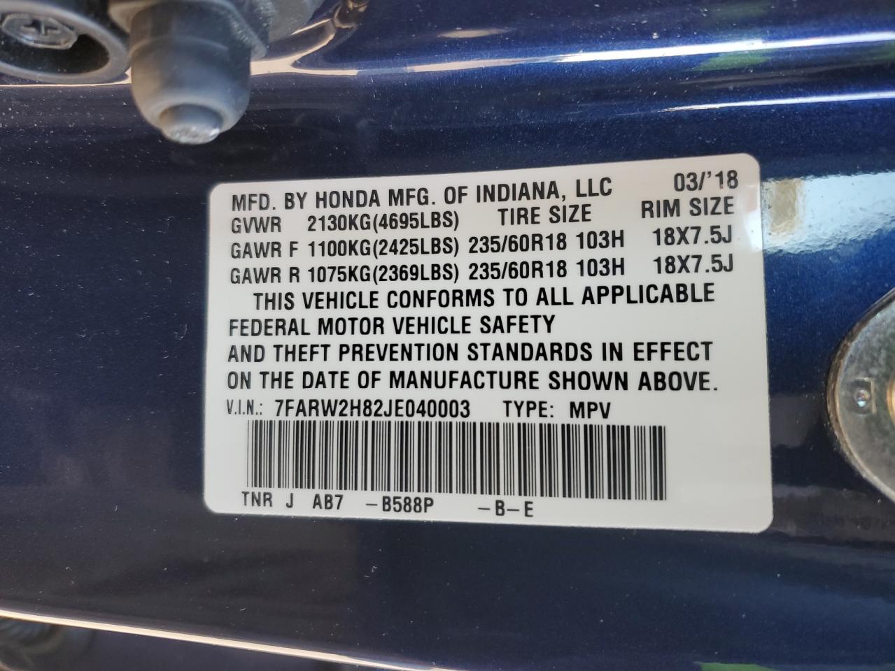 2018 Honda CR-V VIN 7FARW2H82JE040003 Copart auction photo, front end / side damage thumbnail 14