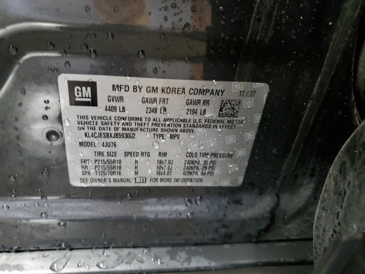 2018 Buick Encore VIN KL4CJESBXJB593002 Copart auction photo, front end / rear end damage thumbnail 14