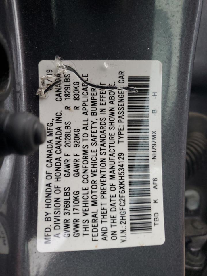 2019 Honda Civic VIN 2HGFC2F6XKH534129 Copart auction photo, front end damage thumbnail 12