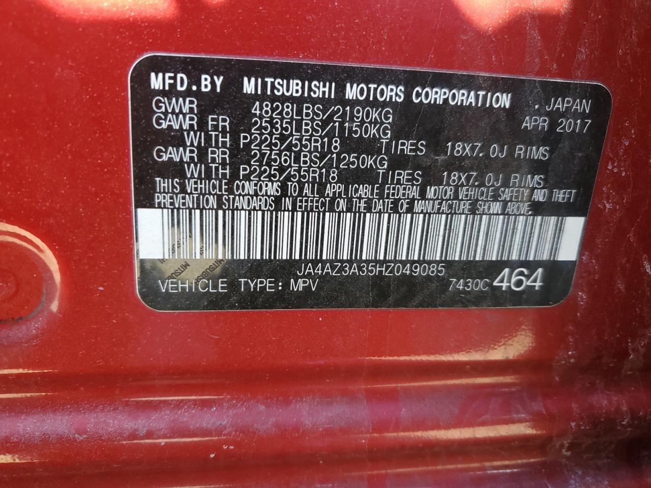 2017 Mitsubishi Outlander VIN JA4AZ3A35HZ049085 Copart auction photo, front end damage thumbnail 15