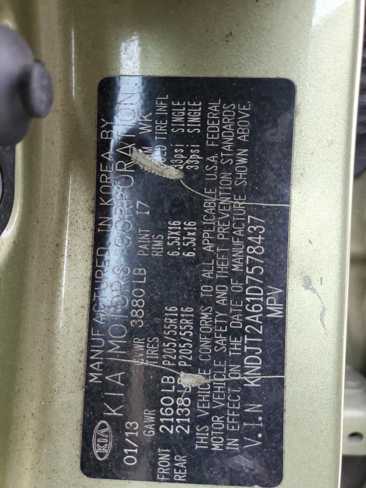 2013 KIA Soul VIN KNDJT2A61D7578437 Copart auction photo, front end / side damage thumbnail 15