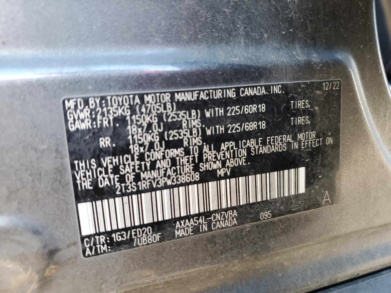 2023 Toyota RAV 4 VIN 2T3S1RFV3PW338608 Copart auction photo, rear end / side damage thumbnail 14