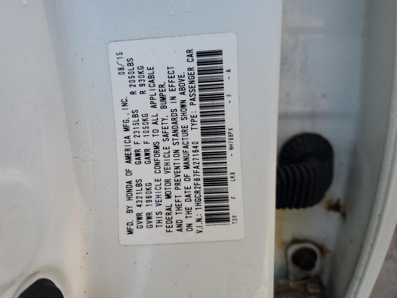 2015 Honda Accord VIN 1HGCR2F87FA271640 Copart auction photo, water/flood damage thumbnail 13