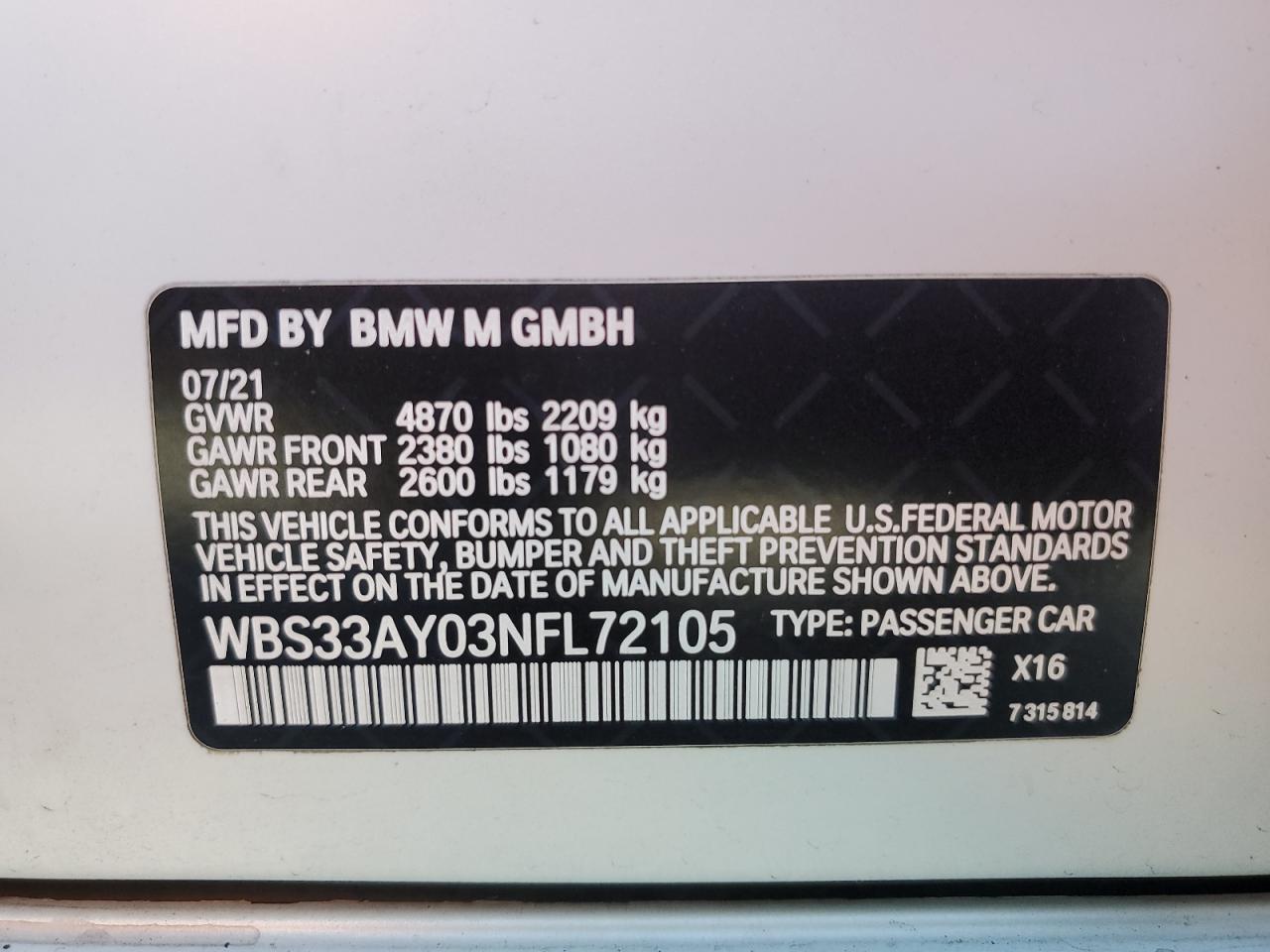 2022 BMW M3 VIN WBS33AY03NFL72105 Copart auction photo, front end / minor dent/scratches damage thumbnail 15