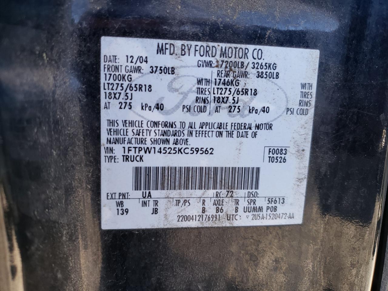 2005 Ford F-150 VIN 1FTPW14525KC59562 Copart auction photo, all over damage thumbnail 12