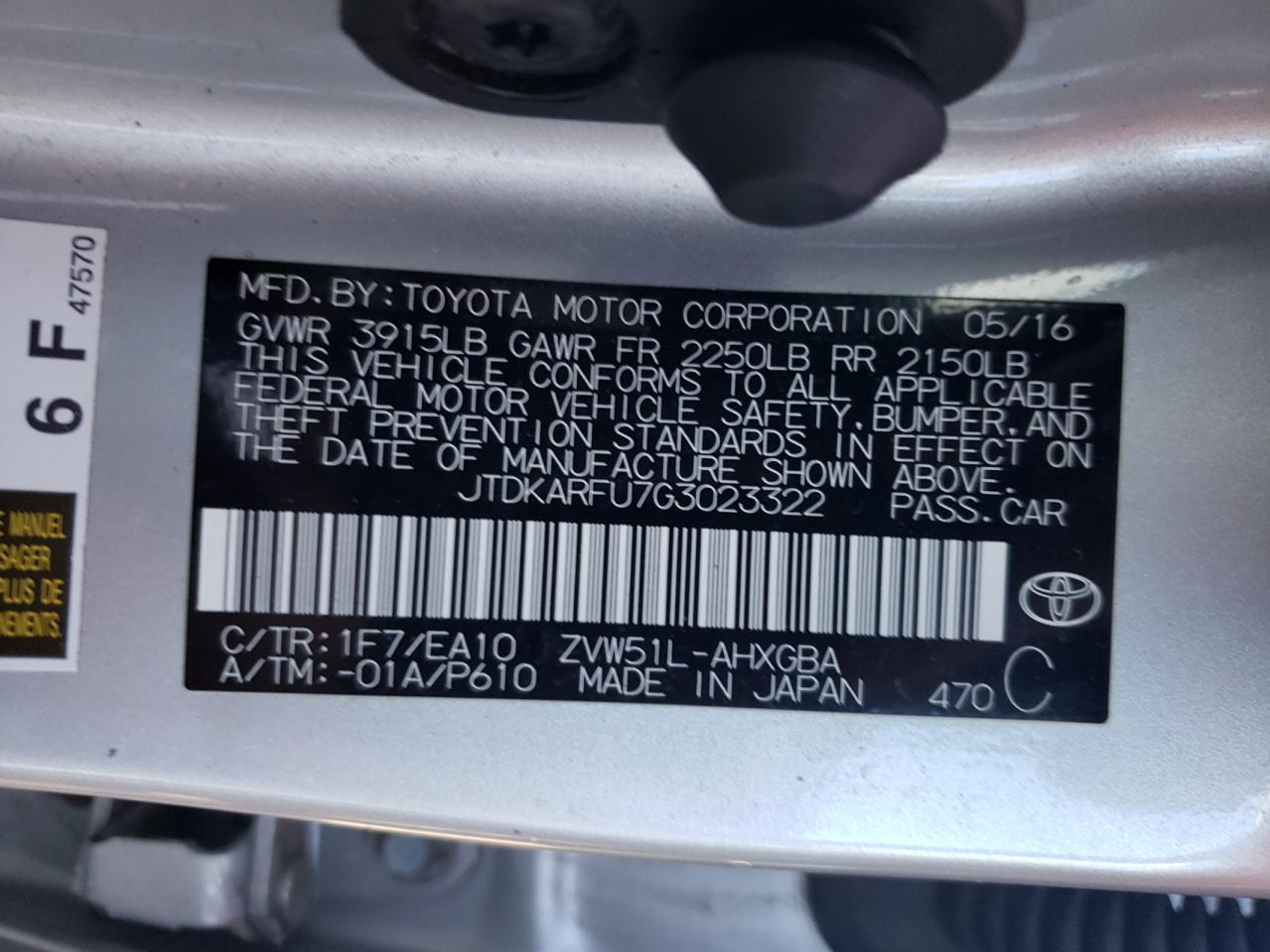 2016 Toyota Prius VIN JTDKARFU7G3023322 Copart auction photo, all over damage thumbnail 13