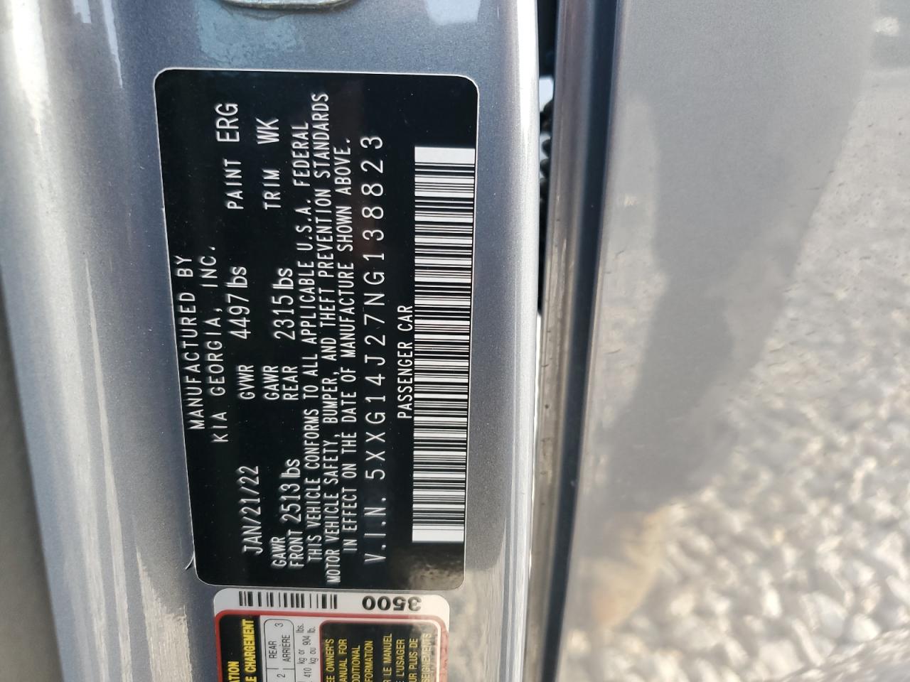 2022 KIA K5 VIN 5XXG14J27NG138823 Copart auction photo, side / front end damage thumbnail 14