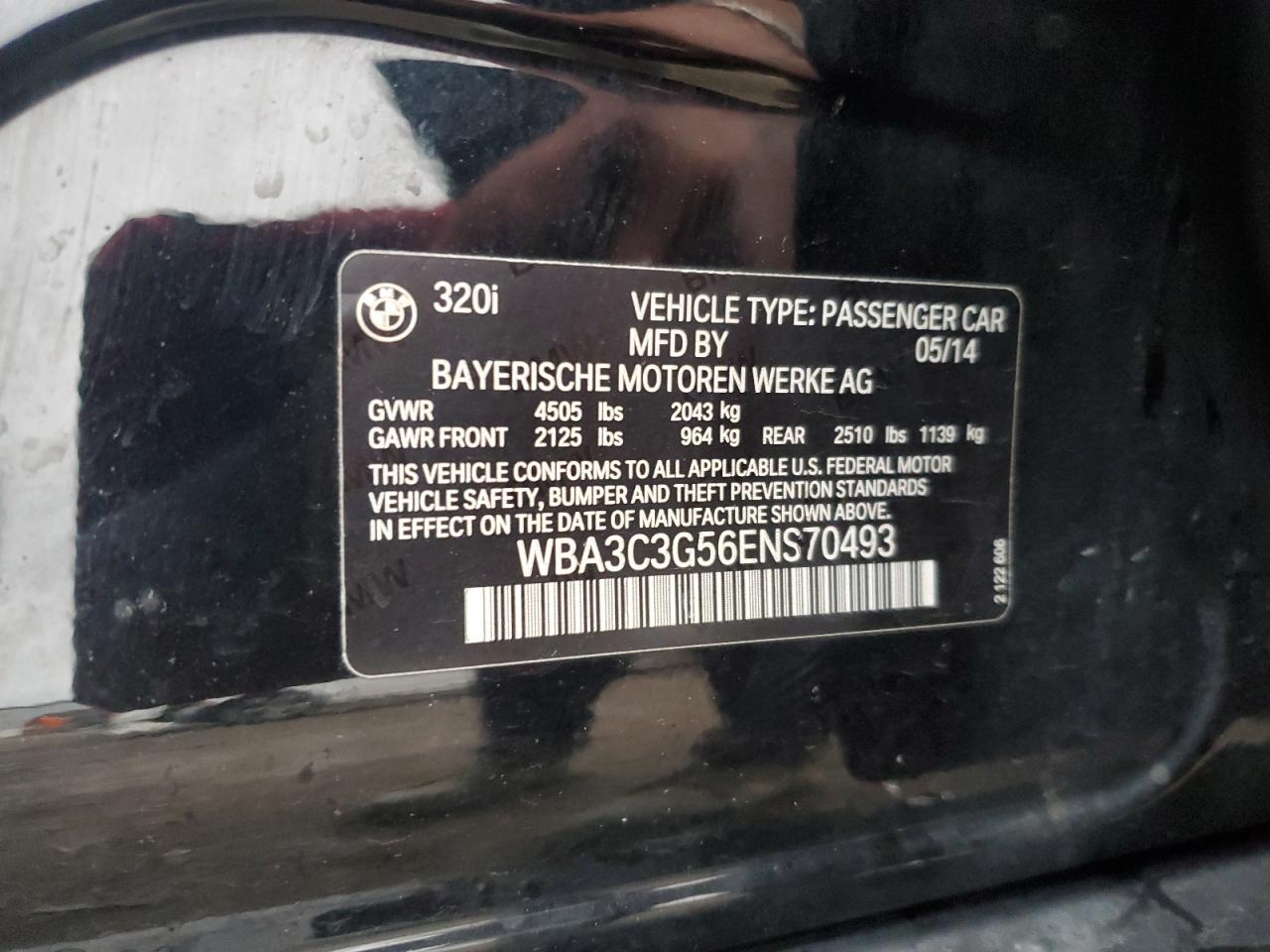 2014 BMW 3er VIN WBA3C3G56ENS70493 Copart auction photo, front end damage thumbnail 14