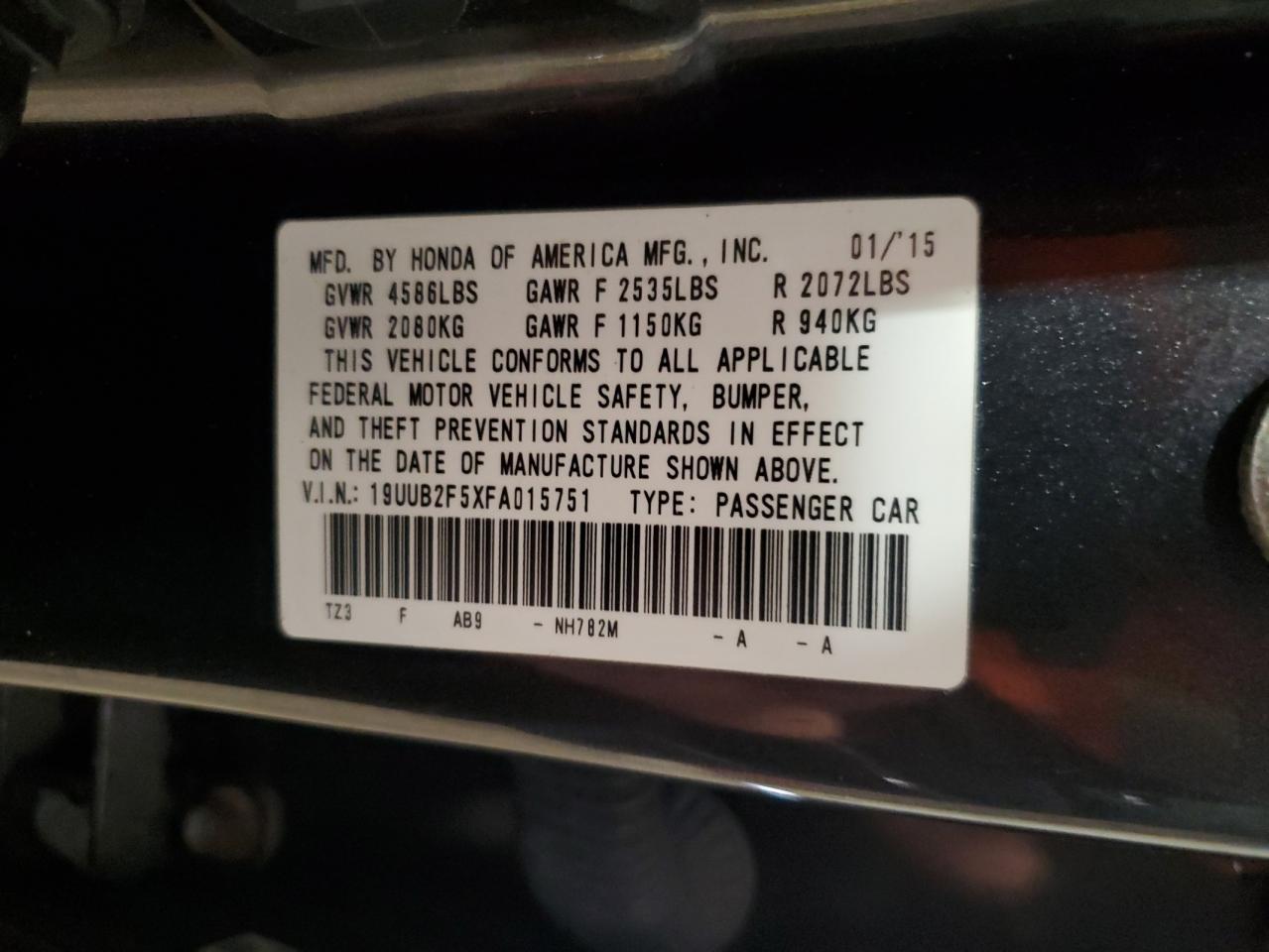 2015 Acura TLX VIN 19UUB2F5XFA015751 Copart auction photo, front end / side damage thumbnail 14