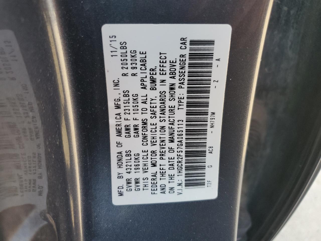 2016 Honda Accord VIN 1HGCR2F57GA065113 Copart auction photo, hail / minor dent/scratches damage thumbnail 12