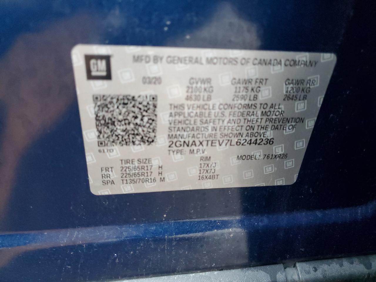 2020 Chevrolet Equinox VIN 2GNAXTEV7L6244236 Copart auction photo, front end damage thumbnail 15