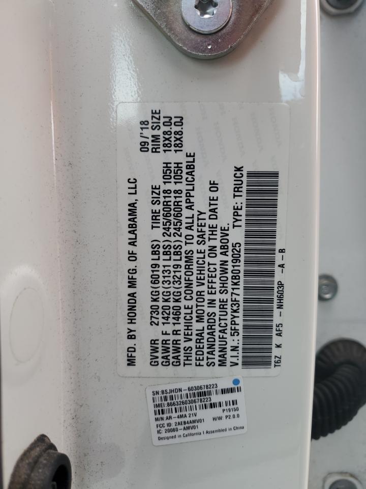 2019 Honda Ridgeline VIN 5FPYK3F71KB019025 Copart auction photo, front end damage thumbnail 14