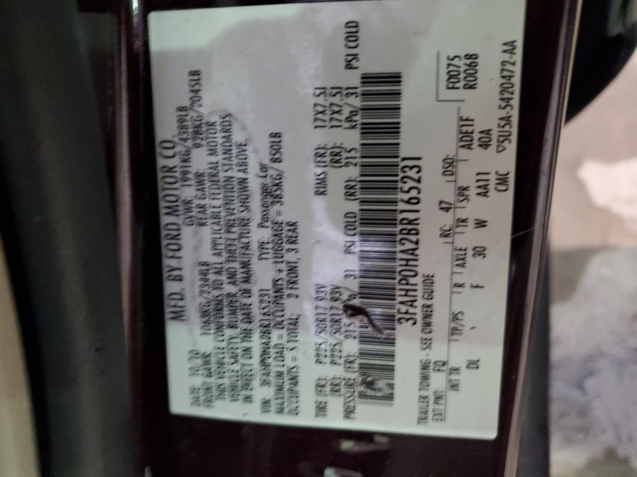 2011 Ford Fusion VIN 3FAHP0HA2BR165231 Copart auction photo, front end damage thumbnail 12