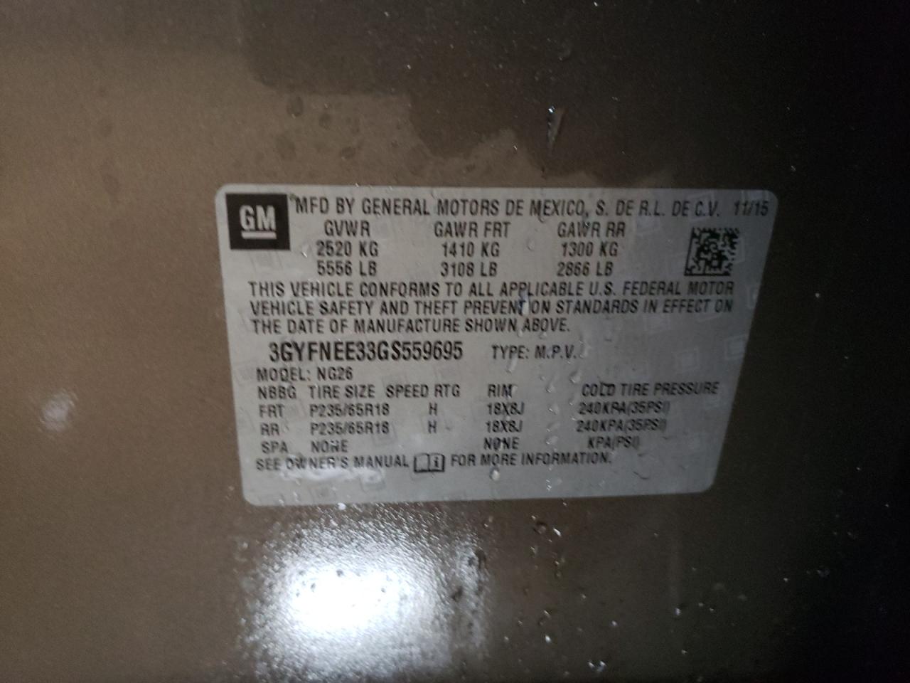 2016 Cadillac SRX VIN 3GYFNEE33GS559695 Copart auction photo, side damage thumbnail 12