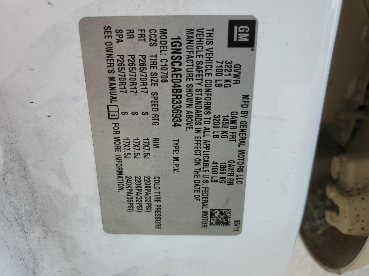 2011 Chevrolet Tahoe VIN 1GNSCAE04BR336934 Copart auction photo, all over damage thumbnail 15