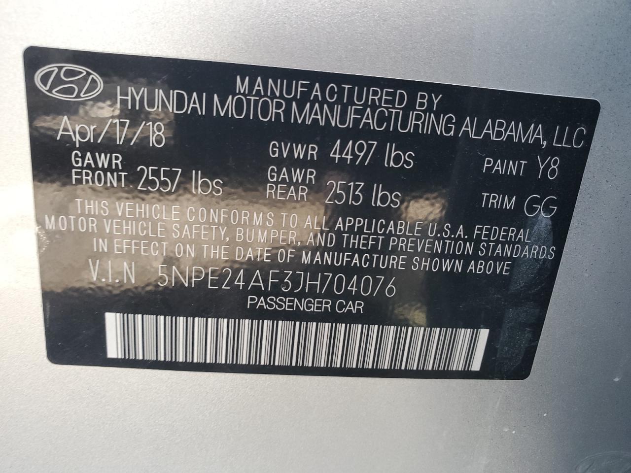 2018 Hyundai Sonata VIN 5NPE24AF3JH704076 Copart auction photo, water/flood damage thumbnail 12