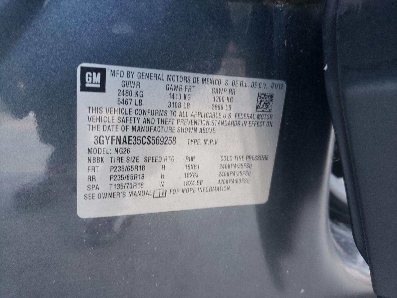 2012 Cadillac SRX VIN 3GYFNAE35CS569258 Copart auction photo, front end damage thumbnail 14
