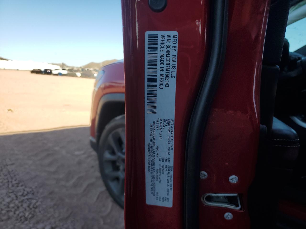 2021 Jeep Compass VIN 3C4NJCEB7MT602143 Copart auction photo, side / rear end damage thumbnail 14