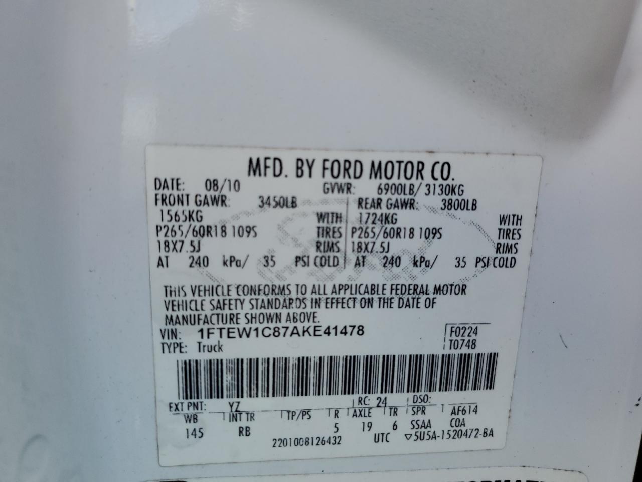 2010 Ford F-150 VIN 1FTEW1C87AKE41478 Copart auction photo, front end damage thumbnail 14