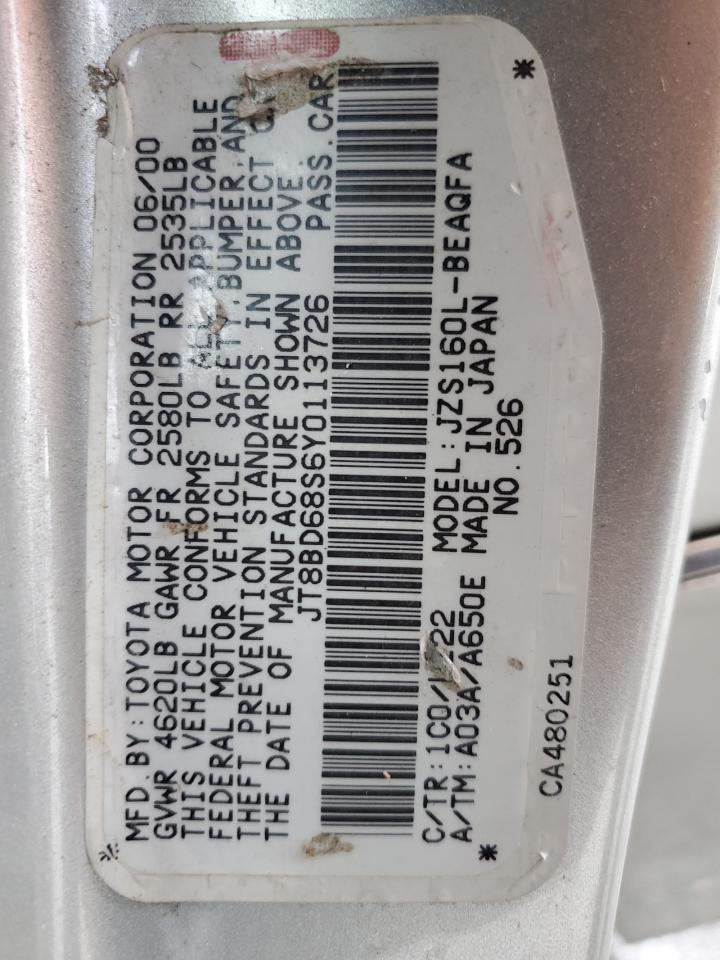 2000 Lexus GS 300 VIN JT8BD68S6Y0113726 Copart auction photo, hail / front end damage thumbnail 14