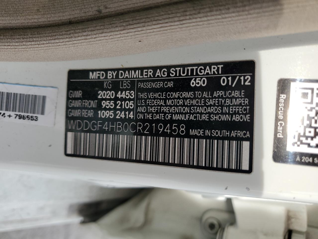 2012 Mercedes-Benz C-klasse VIN WDDGF4HB0CR219458 Copart auction photo, front end damage thumbnail 12