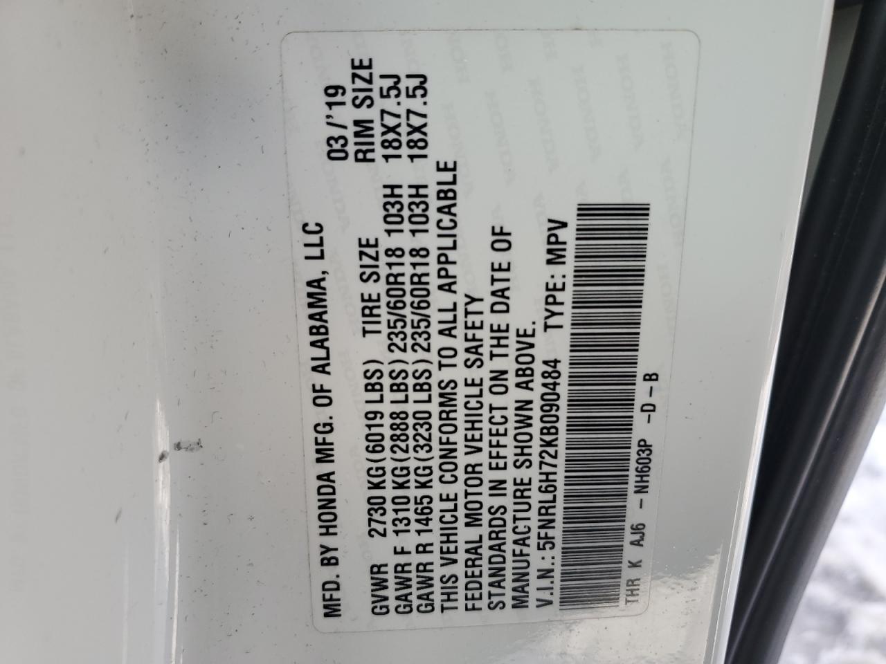 2019 Honda Odyssey VIN 5FNRL6H72KB090484 Copart auction photo, rear end / side damage thumbnail 13