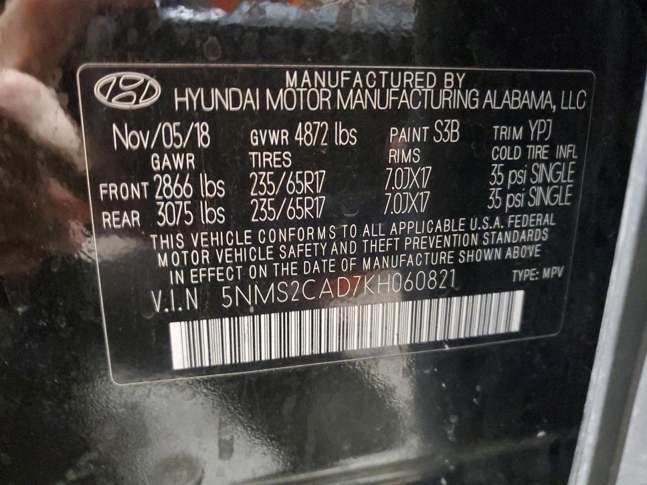 2019 Hyundai Santa Fe VIN 5NMS2CAD7KH060821 Copart auction photo, side / minor dent/scratches damage thumbnail 15