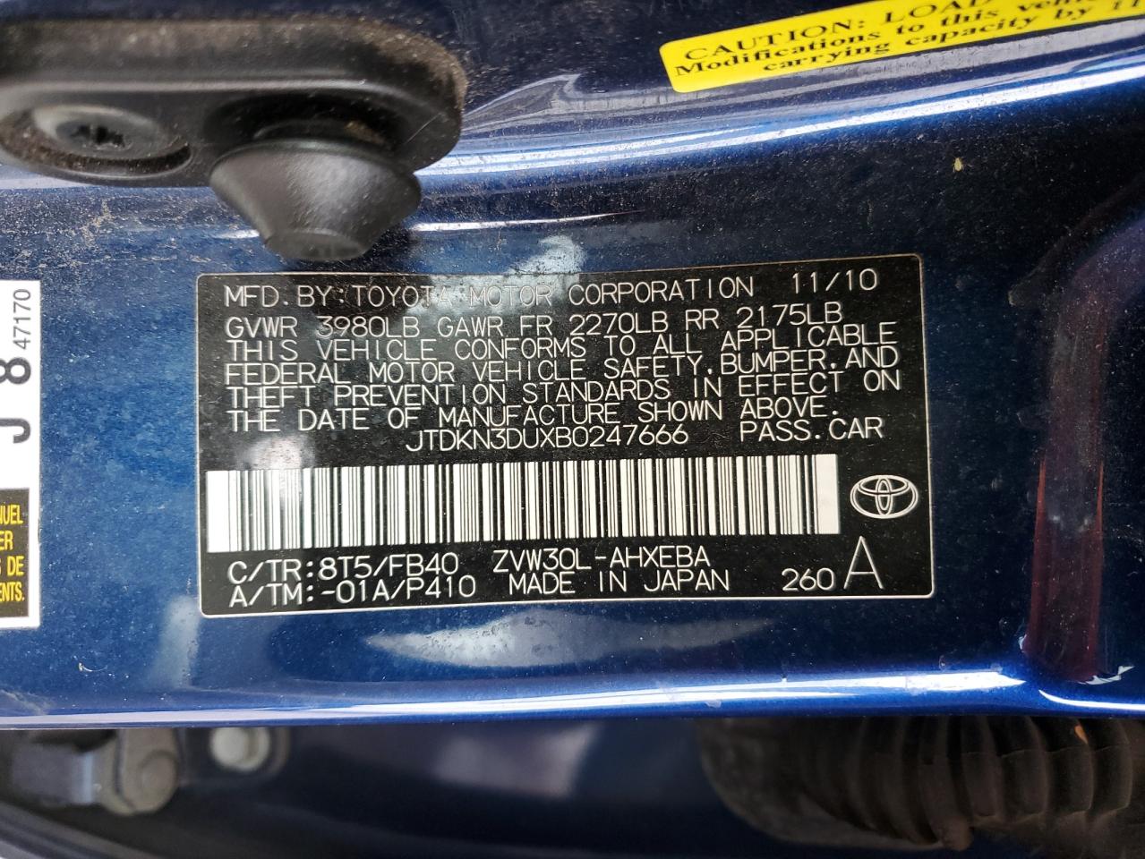 2011 Toyota Prius VIN JTDKN3DUXB0247666 Copart auction photo, front end / side damage thumbnail 12