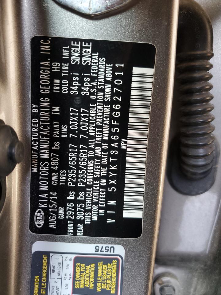2015 KIA Sorento VIN 5XYKT3A65FG627011 Copart auction photo, front end / undercarriage damage thumbnail 13