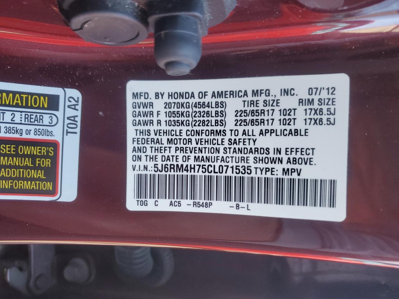 2012 Honda CR-V VIN 5J6RM4H75CL071535 Copart auction photo, front end damage thumbnail 15