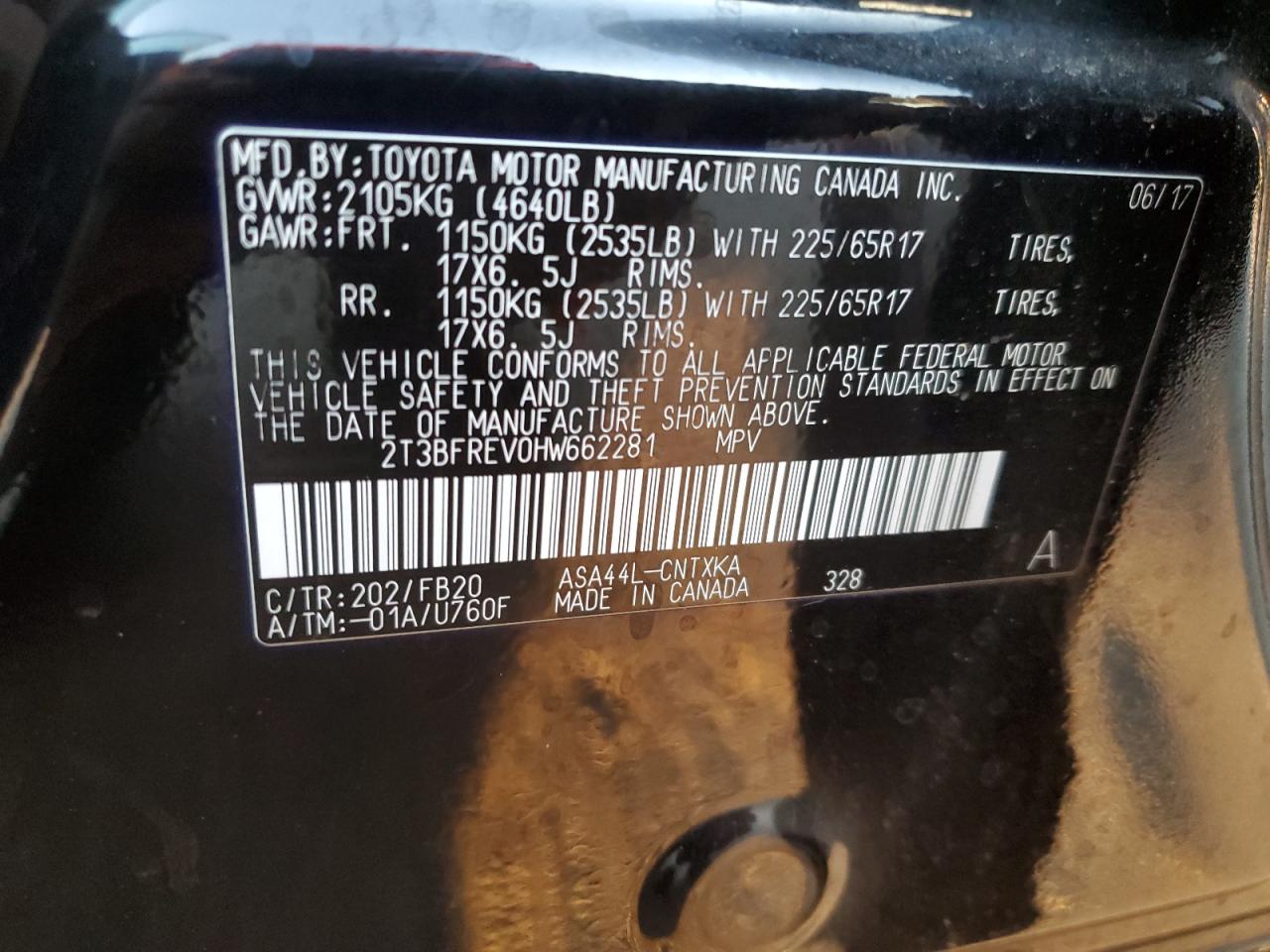 2017 Toyota RAV 4 VIN 2T3BFREV0HW662281 Copart auction photo, rear end / side damage thumbnail 13