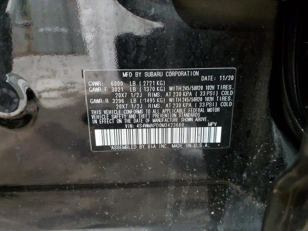 2021 Subaru Ascent VIN 4S4WMAPD0M3423660 Copart auction photo, front end / side damage thumbnail 13