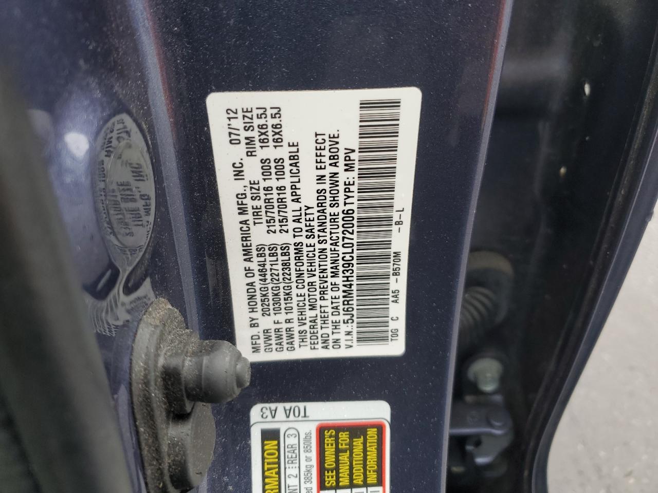 2012 Honda CR-V VIN 5J6RM4H39CL072006 Copart auction photo, front end damage thumbnail 15