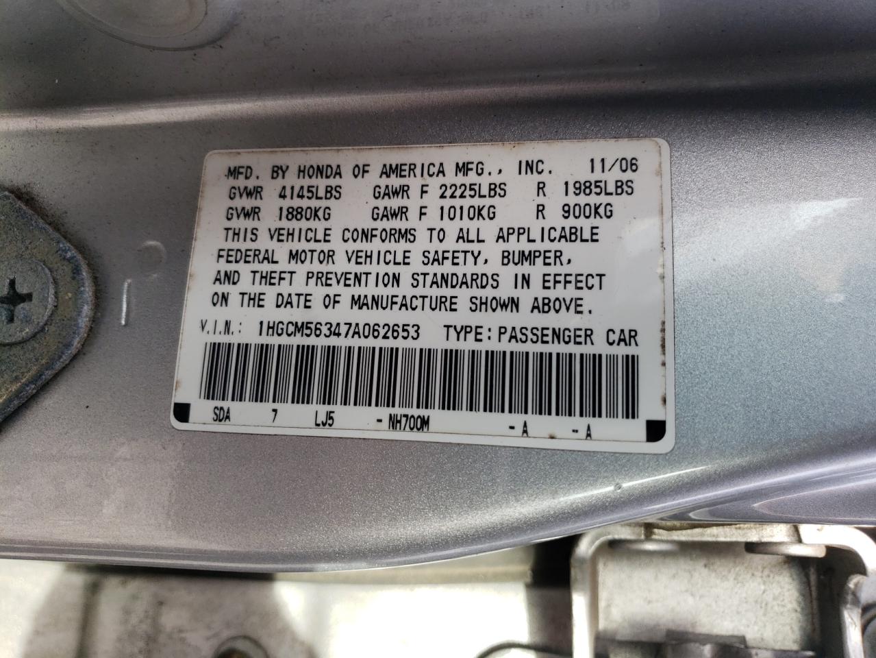 2007 Honda Accord VIN 1HGCM56347A062653 Copart auction photo, front end damage thumbnail 13