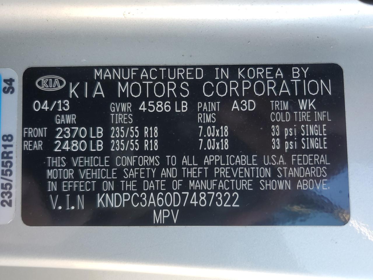 2013 KIA Sportage VIN KNDPC3A60D7487322 Copart auction photo, front end / minor dent/scratches damage thumbnail 13