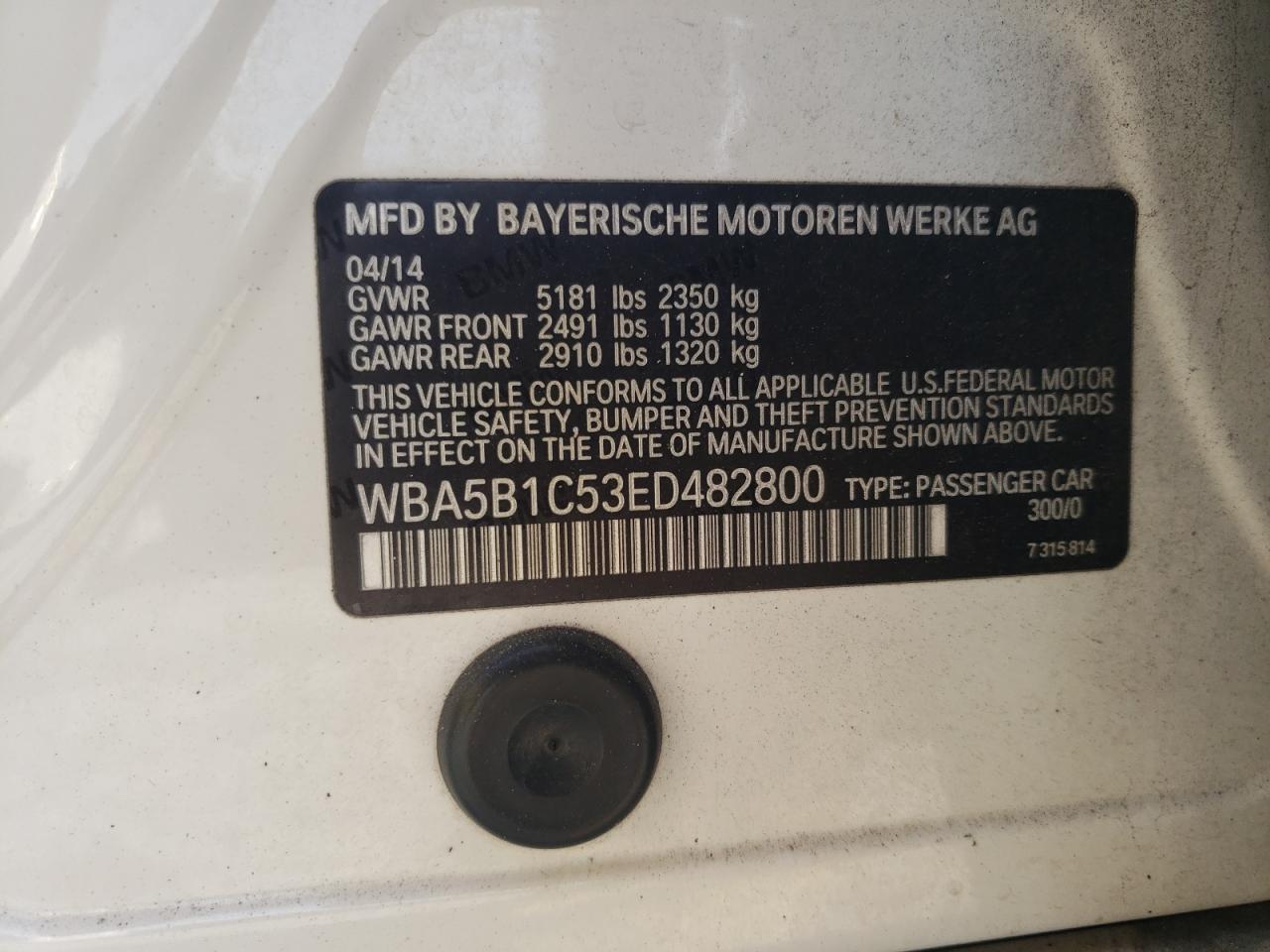 2014 BMW 5er VIN WBA5B1C53ED482800 Copart auction photo, all over damage thumbnail 12