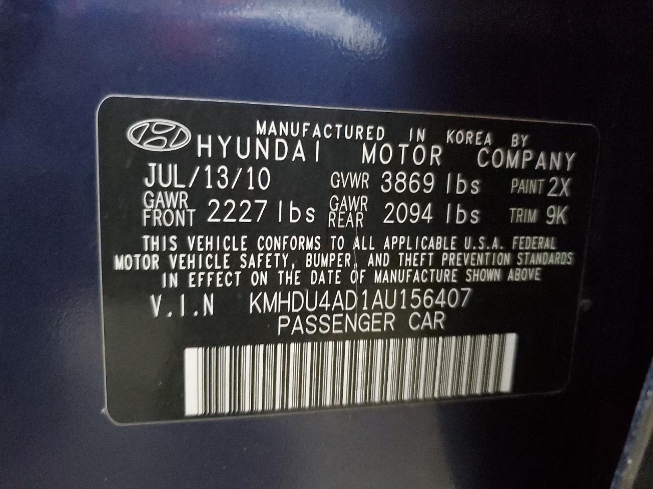 2010 Hyundai Elantra VIN KMHDU4AD1AU156407 Copart auction photo, front end damage thumbnail 12