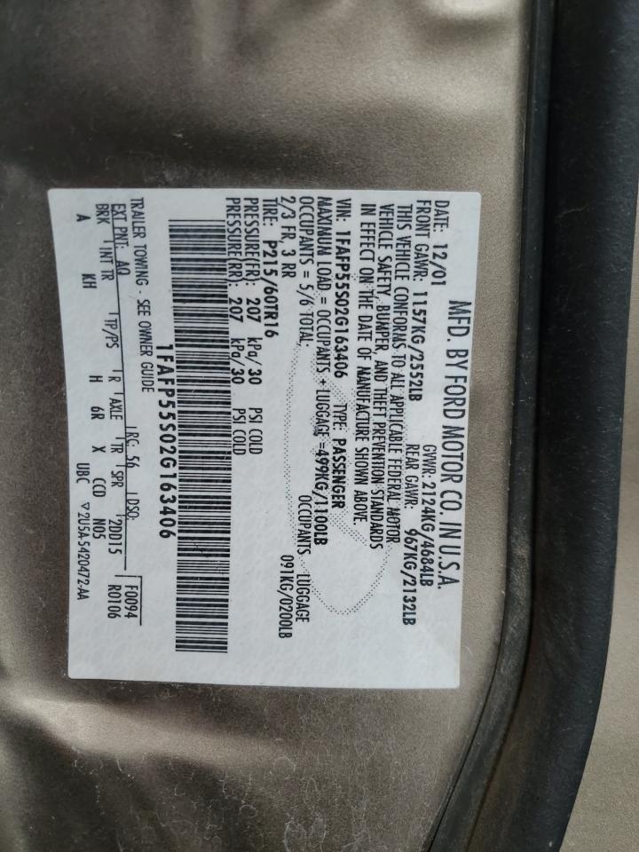 2002 Ford Taurus VIN 1FAFP55S02G163406 Copart auction photo, side / front end damage thumbnail 15