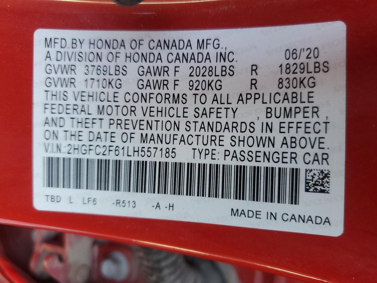2020 Honda Civic VIN 2HGFC2F61LH557185 Copart auction photo, front end / side damage thumbnail 14