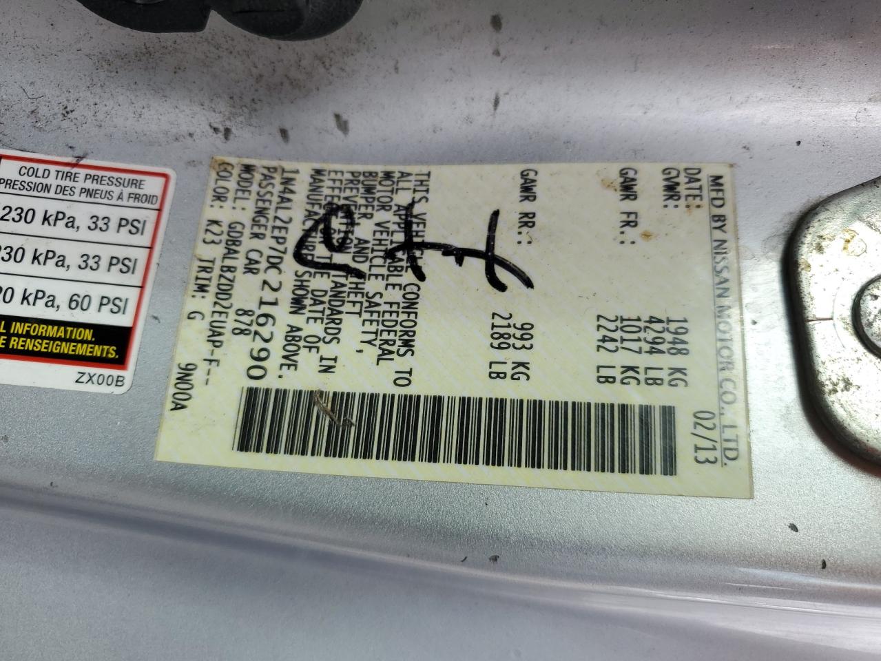 2013 Nissan Altima VIN 1N4AL2EP7DC216290 Copart auction photo, mechanical / minor dent/scratches damage thumbnail 12