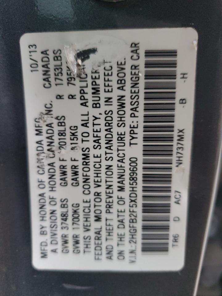 2013 Honda Civic VIN 2HGFB2F5XDH589600 Copart auction photo, front end damage thumbnail 13