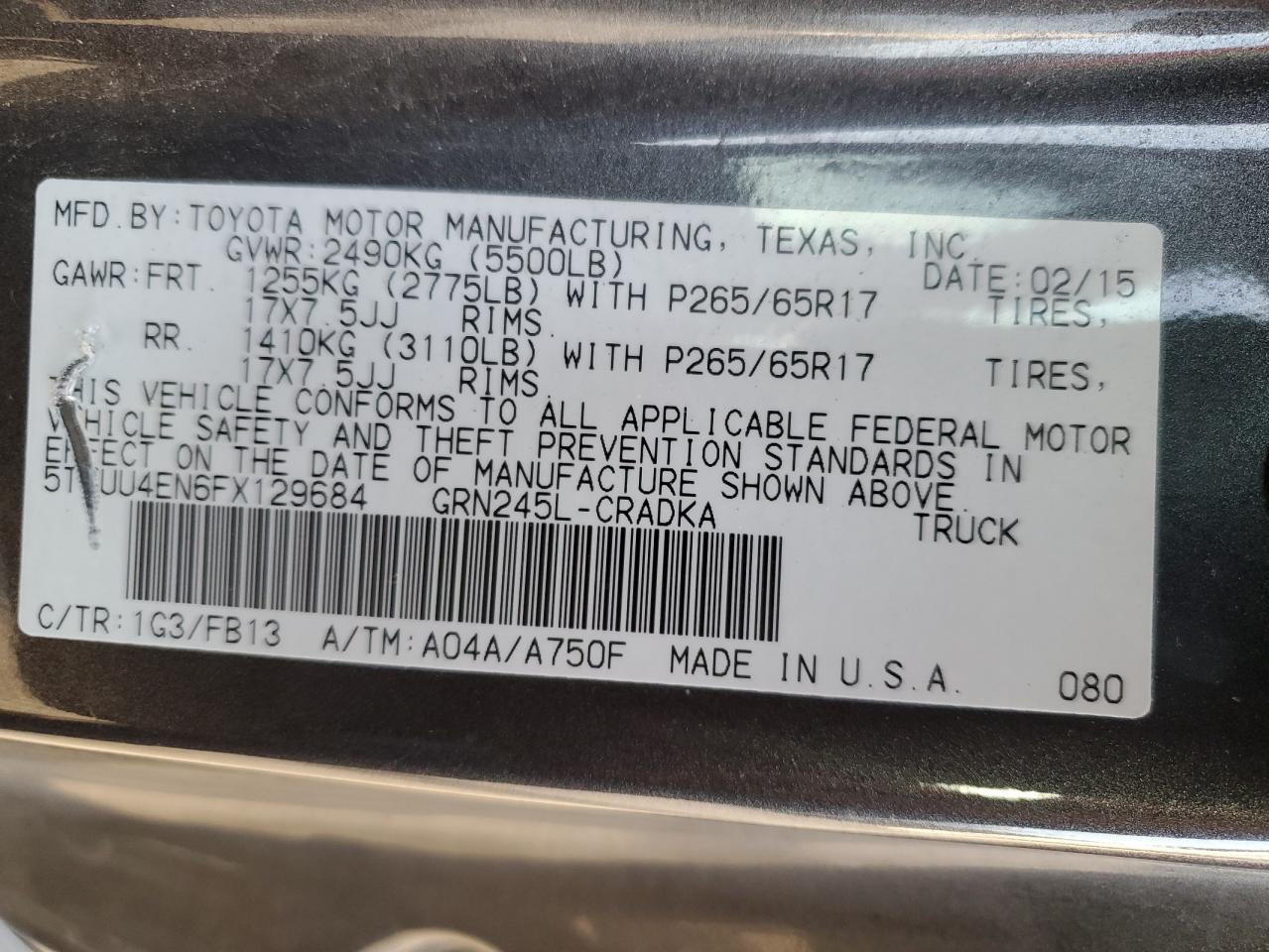 2015 Toyota Tacoma VIN 5TFUU4EN6FX129684 Copart auction photo, front end damage thumbnail 12