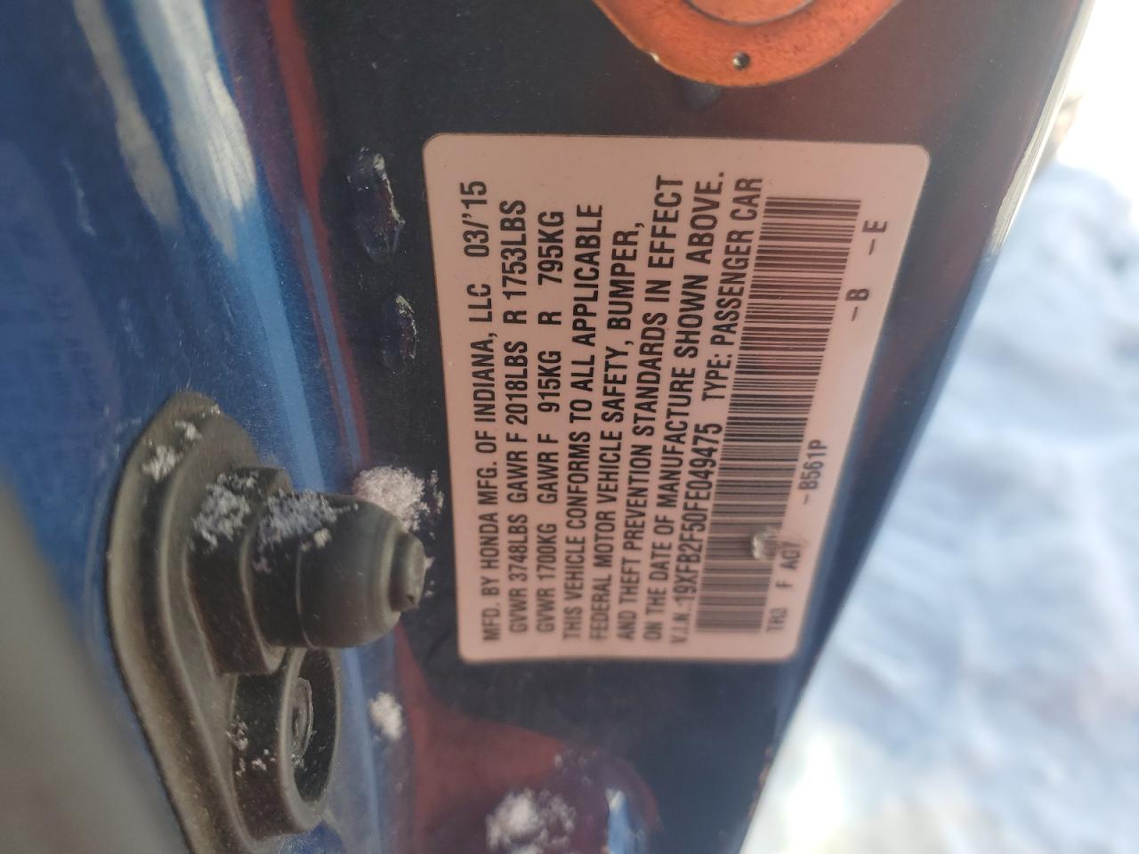 2015 Honda Civic VIN 19XFB2F50FE049475 Copart auction photo, side damage thumbnail 12