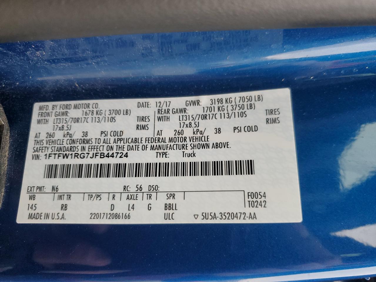 2018 Ford F-150 VIN 1FTFW1RG7JFB44724 Copart auction photo, rollover damage thumbnail 13