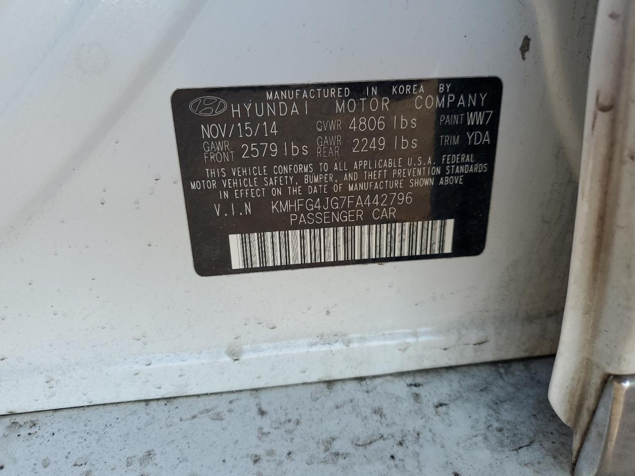 2015 Hyundai Azera VIN KMHFG4JG7FA442796 Copart auction photo, front end / rear end damage thumbnail 14