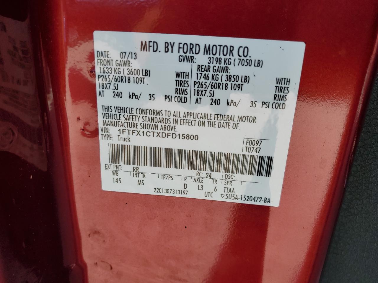 2013 Ford F-150 VIN 1FTFX1CTXDFD15800 Copart auction photo, water/flood damage thumbnail 13
