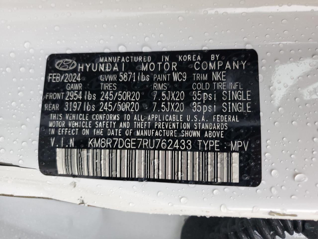 2024 Hyundai Palisade VIN KM8R7DGE7RU762433 Copart auction photo, side / front end damage thumbnail 14