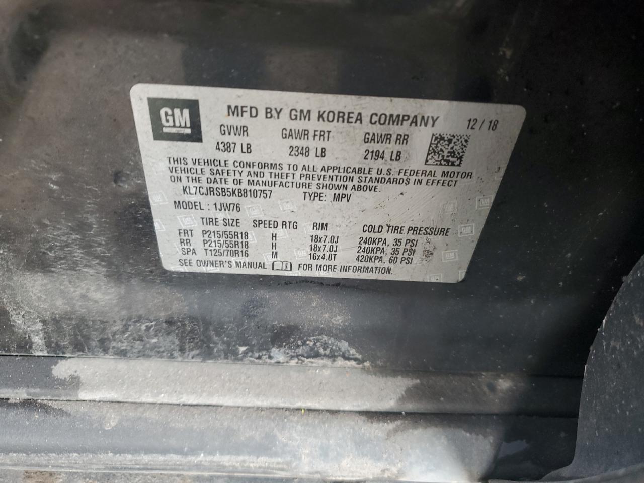 2019 Chevrolet Trax VIN KL7CJRSB5KB810757 Copart auction photo, rear end / side damage thumbnail 12