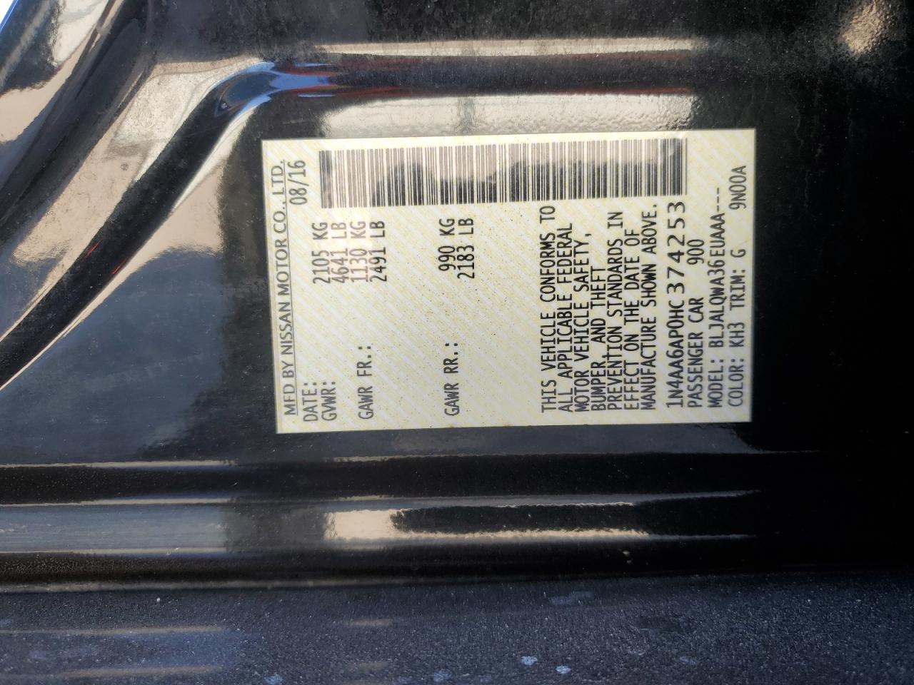 2017 Nissan Maxima VIN 1N4AA6AP0HC374253 Copart auction photo, rear end damage thumbnail 13